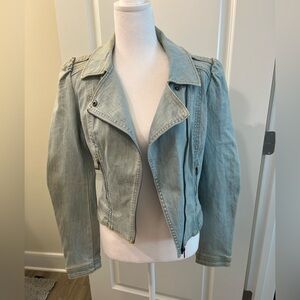 Light Distressed Denim Motorcycle Style Jacket Size Medium